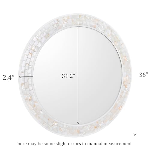 White Round Bathroom Wall Mirror 36 Inch | Natural Mother of Pearl Frame, Tempered Glass, Coastal Beachy Decor for Bedroom, Living Room, Entryway - size: 36"L x 36"W