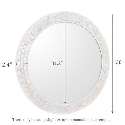 White Round Bathroom Wall Mirror 36 Inch | Natural Mother of Pearl Frame, Tempered Glass, Coastal Beachy Decor for Bedroom, Living Room, Entryway - size: 36"L x 36"W