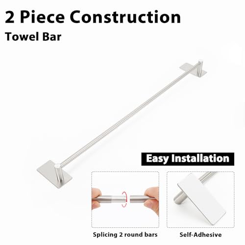 NearMoon Self Adhesive Bathroom Towel Bar- Stainless Steel Bath Wall Shelf Rack Hanging Towel Stick On Sticky Hanger Contemporary Style, NO Drilling (1 Pack, Brushed Nickel, 24-Inch Towel Rack) - color: Brushed Nickel, size: 24-Inch