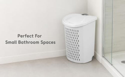 White Plastic Rolling Laundry Hamper with Lid and Ventilated Body | Large Rolling Laundry Hamper with Lid & Telescoping Handle - Portable Plastic Clothes Basket on Wheels for Bedroom