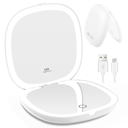 WOBSION 1x/10x Rechargeable Lighted Travel Makeup Mirror | Compact Magnifying Mirror with Lights, Portable for Bag, 4inch, Gift, White - color: White