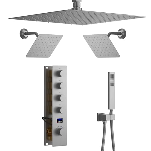 Brushed Nickel Shower System with 3 Rain Shower Head(12+8+8 inch), Handheld Spray, 4 Way Smart Temperature Display Shower Faucet set - color: Brushed Nickel, size: 12+8+8 inch