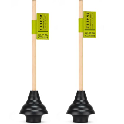 SteadMax XTS-65-PRO Heavy Duty Toilet Plunger, Commercial Grade, Powerful Double Thrust Force Rubber Cup with Wood Handle, for Clogged Bathroom, Shower, and Kitchen, 2 Pack (22" x 5.75") - size: 2 Pack - PRO