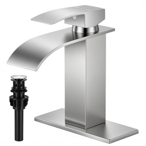 Brushed Nickel Bathroom Faucets, Waterfall Bathroom Sink Faucet | Single Handle, Stainless Steel, Vanity Faucet with Deck Plate, Pop-up Drain, For 1 or 3 Hole, RV, Farmhouse - color: A-Brushed Nickel