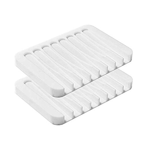 2PCS Soap Dish Holder, Premium Silicone Soap Dishes for Shower Bathroom Kitchen Sinks， Soap Tray Saver Drainer, Self-draining Waterfall, Non-Slip Design, Easy Cleaning (White) - color: White
