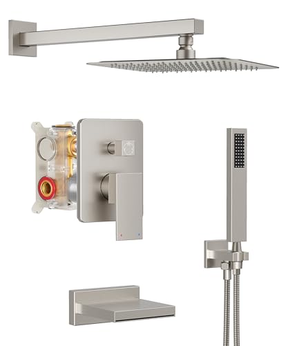 Tub Shower System with 12" Rain Head, Handheld & Valve Kit | All-Metal Tub Shower Faucet Set, Wall Mounted Rain Showerhead, Handheld Spray, Includes Valve and Trim Kit, Brushed Nickel - color: Brushed Nickel 12