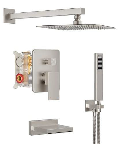 Tub Shower System with 12" Rain Head, Handheld & Valve Kit | All-Metal Tub Shower Faucet Set, Wall Mounted Rain Showerhead, Handheld Spray, Includes Valve and Trim Kit, Brushed Nickel - color: Brushed Nickel 12
