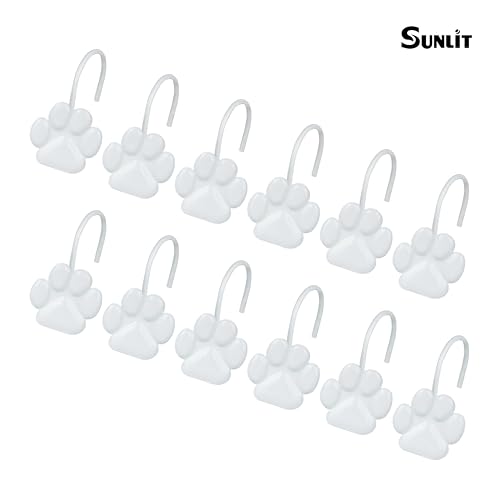 Sunlit Fashion Design Cute Paw Print Polished Shower Curtain Hooks for Dog Cat and Bear, Rust Proof Oil Rubbed Metal Shower Curtain Rings, White, 12 Pack - color: White