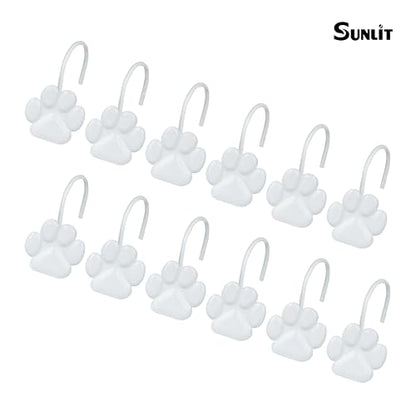 Sunlit Fashion Design Cute Paw Print Polished Shower Curtain Hooks for Dog Cat and Bear, Rust Proof Oil Rubbed Metal Shower Curtain Rings, White, 12 Pack - color: White