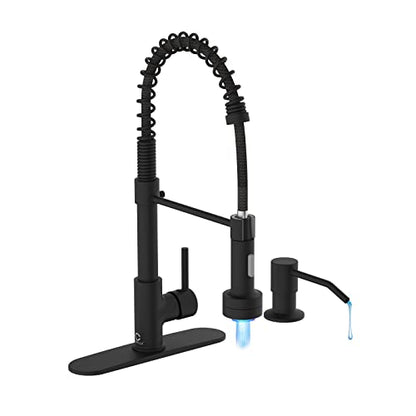 Black Kitchen Faucet with LED light,Kitchen Faucet with Soap Dispenser,Faucet for Kitchen Sink,Single Handle Stainless Steel Kitchen Sink Faucets with Pull Down Sprayer,Camper Farmhouse RV Sink Faucet - color: A-Matte Black, style: Rustic