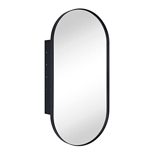 Matte Black Oval Recessed Bathroom Medicine Cabinet with Mirror Stainless Steel Metal Framed Oblong Pill Shaped Bathroom Cabinet with Mirror 16x33'' - color: Matt Black