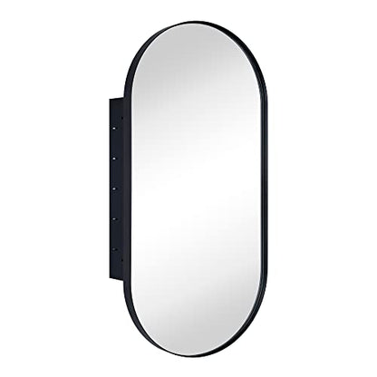 Matte Black Oval Recessed Bathroom Medicine Cabinet with Mirror Stainless Steel Metal Framed Oblong Pill Shaped Bathroom Cabinet with Mirror 16x33'' - color: Matt Black