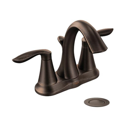Moen Eva Oil-Rubbed Bronze Two-Handle Centerset Lavatory Faucet with Drain Assembly, Sink Faucet Bathroom 3-Hole for Standard 4-inch Countertop Setup, 6410ORB - color: Oil Rubbed Bronze