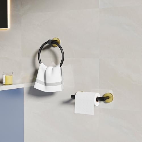 Black and Gold Toilet Paper Holder & Towel Holder Bathroom Hardware Set | SUS304 Stainless Steel Double Post Pivoting Tissue Roll Holder and Hand Towel Ring Set for Bathroom RV by Evolvegoods - color: Black Gold