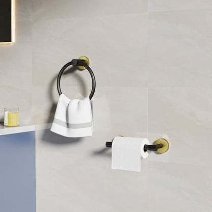 Black and Gold Toilet Paper Holder & Towel Holder Bathroom Hardware Set | SUS304 Stainless Steel Double Post Pivoting Tissue Roll Holder and Hand Towel Ring Set for Bathroom RV by Evolvegoods - color: Black Gold