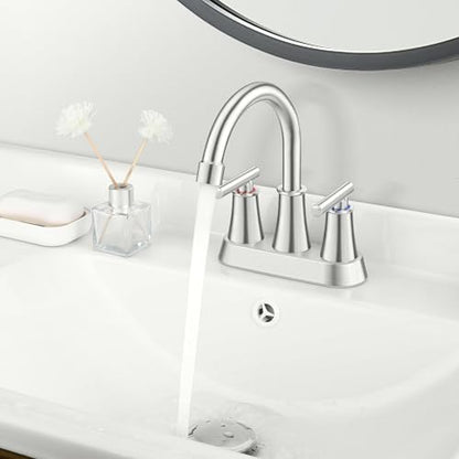 Herogo Bathroom Faucet for Sink 3 Holes Brushed Nickel, 4 Inch 2-Handle Centerset Bathroom Sink Faucet with Pop-Up Drain & Supply Hoses, 18/10 Stainless Steel, for RV Vanity Lavatory - color: Brushed Nickel, style: Cylindrical Handles