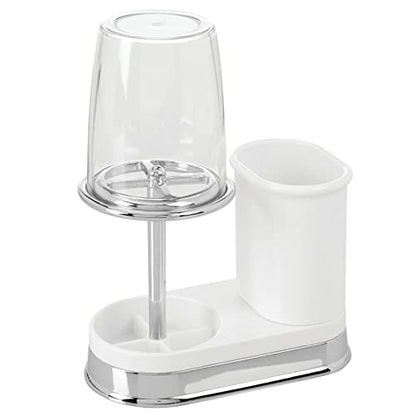 mDesign Plastic Toothpaste and Toothbrush Holder Center with Cup/Cover - Organizer for Bathroom Vanity Countertop - Holds Paste, Floss, Accessories - Hyde Collection - White/Chrome - color: White/Chrome