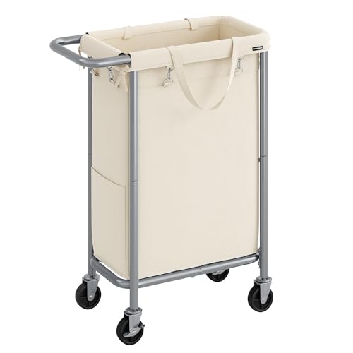 SONGMICS Laundry Basket with Wheels, Rolling Laundry Hamper, 23.8 Gallons (90 L), Removable Liner, Steel Frame with Handle, 24 x 11.4 x 31.9 Inches, Cream White URLS003W01 - color: Cream White, size: 90 L (1-Section)