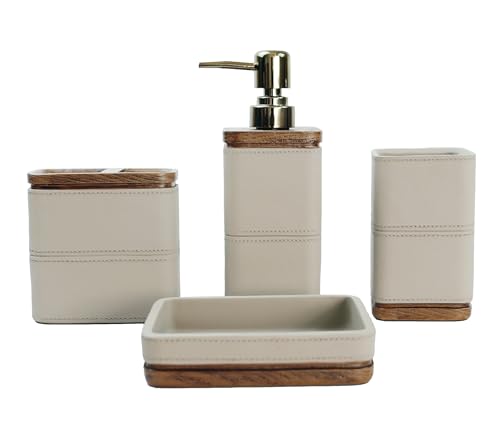 Hymmah Leather Pattern Design Bathroom Accessories Set,Farmhouse Bathroom Decor,4 Pcs Resin Gift Set Apartment Necessities, Contain Cotton Swab Jar,Soap Dispenser,Tumbler，Soap Dish/Tray - color: Light Beige Gray