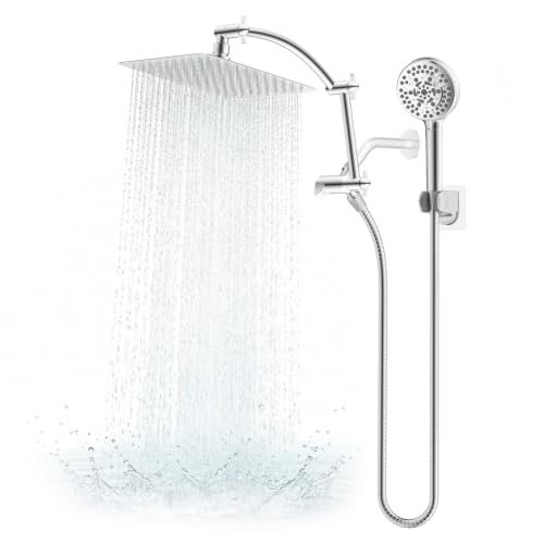 Hibbent All Metal 10" High Pressure Rain Shower Head Combo, Chrome | cUPC Certified Rainfall Shower Head with handheld 10 Sprays, 16'' Adjustable Extension Arm, 71'' Hose, Showerhead Holder - color: Chrome, style: Square 10''