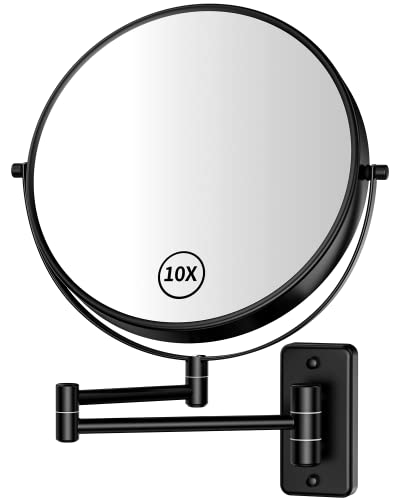 Gospire 9" Large Size Wall Mount Magnifying Mirror, 1X/10X Magnification Double-Sided, 360° Swivel Extendable Cosmetic Vanity Round Shaving Bathroom Mirror for Men and Women - color: Black - a, size: 9"L x 9"W