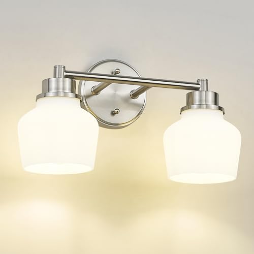 Emak Brushed Nickel Bathroom Light Fixtures, 2-Light Bathroom Vanity Light with Milk Glass Shade, Modern Vanity Lights for Bathroom, Mirror, VL122-BN-ML-2 - color: Brushed Nickel & White Glass, size: 2 Light
