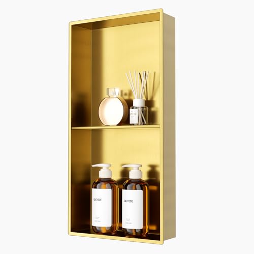 QAOYEDE Stainless Steel Shower Niche 12"X24" Gold No Tile Needed Niche Shower with Double Shelves Recessed Wall Niches for Bathroom Space Saving Over Mount Installation - color: Brushed Gold, size: 12x24 Inch