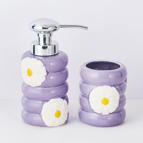 Purple Bathroom Accessories Set, 2PC Daisy Soap Dispenser & Toothbrush Holder Set, Ceramic Bathroom Set, Modern Spring Decor for Home Bathroom, Housewarming Gifts - color: Purple