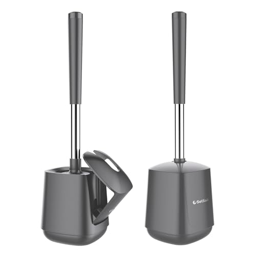 SetSail Toilet Brush and Holder 2 Pack, Self Closing Lid Toilet Bowl Brushes Holder and Extra Long Handle Ventilated Toilet Brush Set for Bathroom Cleaning, Nylon Bristles, Grey - color: Gray, size: 2 packs
