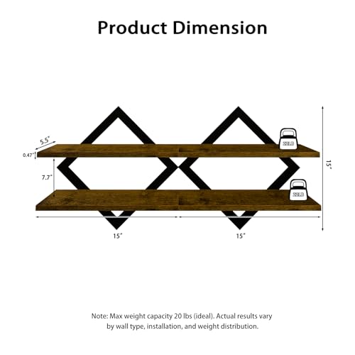 Floating Shelves for Wall, Set of 2 Wall Shelves, 2-Tier Hanging Shelve | Wood & Metal Wall Mounted Display Shelves, Decorative Wall Shelves for Living Room, Bedroom, Kitchen & Bathroom, Rustic Brown - size: 2-Pack