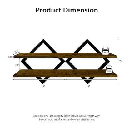 Floating Shelves for Wall, Set of 2 Wall Shelves, 2-Tier Hanging Shelve | Wood & Metal Wall Mounted Display Shelves, Decorative Wall Shelves for Living Room, Bedroom, Kitchen & Bathroom, Rustic Brown - size: 2-Pack