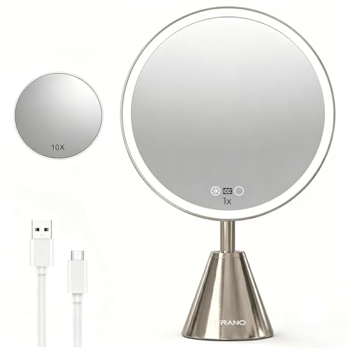 FRANO Rechargeable 10.5" LED Makeup Mirror with Lights, CRI≥98 True-Sunlight, 3 Color Modes & Stepless Dimming, 10X Magnifying Spot Mirror, 5000mAh Cordless Vanity Mirror, Auto-Off, Gift for Women - color: Light Gold