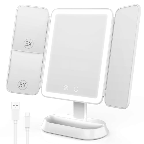 Makeup Mirror with Lights, 1X/3X/5X Magnification Vanity Mirror, 3 Colors Dimmable Soft Light 360° Rotation Smart Touch | Rechargeable Portable Trifold Mirror for Travel/Dorm/Room, Gift for Women - color: White
