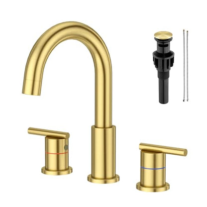 Faustina Gold Faucet Bathroom,Brushed Gold Bathroom Faucets 3 Hole,8 Inch Widespread Bathroom Faucet,4 Inch 12 Inch Bathroom Faucet with Drain Assembly,2-Handle Stainless Steel(Supply Line) - color: Gold, style: Modern Widespread