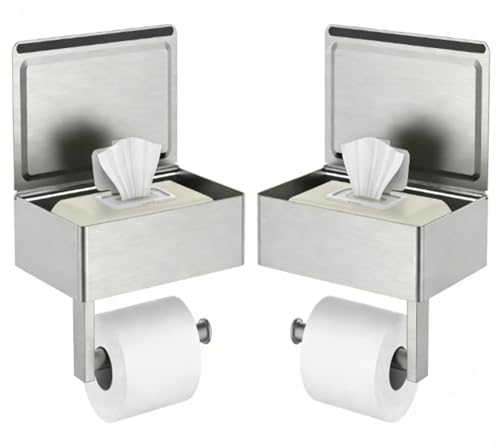 FORIOUS Toilet Paper Holder with Shelf, Wall-Mounted Modern Wipes Dispenser | Brushed Nickel 2 Pack | Toilet Paper Holder with Storage | Wipes Dispenser for Bathroom | Sanitary Napkin Tampon Holder - color: Stainless Steel, size: 2 Pack-8" (L)