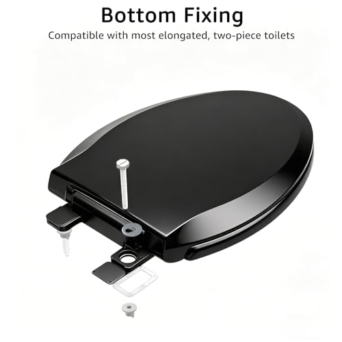 Black Toilet Seat Elongated, 18.5 x 14.2 Inch, Slow Close, Bottom-Mount Design, Fits 2-Piece Toilets, Durable & Easy to Install, PP Material Safe and Durable - color: Black, size: Elongated 18.5inch