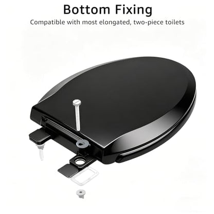 Black Toilet Seat Elongated, 18.5 x 14.2 Inch, Slow Close, Bottom-Mount Design, Fits 2-Piece Toilets, Durable & Easy to Install, PP Material Safe and Durable - color: Black, size: Elongated 18.5inch