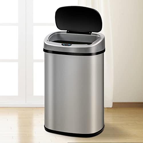13 Gallon Trash Can Automatic Kitchen Garbage Can Easy-Clean 50L Stainless Steel Brushed Motion Sensor Waterproof with Lid for Bathroom Office (Sliver)