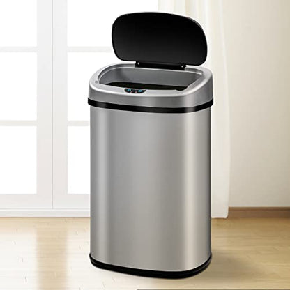 13 Gallon Trash Can Automatic Kitchen Garbage Can Easy-Clean 50L Stainless Steel Brushed Motion Sensor Waterproof with Lid for Bathroom Office (Sliver)