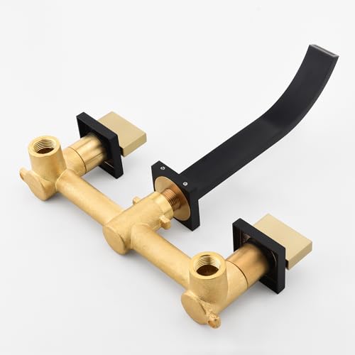 SUMERAIN Wall Mounted Faucet for Bathroom Sink Black and Gold Finish, Lavatory Basin Faucet with Two Handles and Rough in Valve - color: Black and Gold