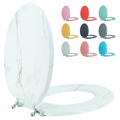 Round Toilet Seat Wood Toilet Seat Prevent Shifting with Zinc Alloy Hinges American Standard Size Toilet Seat Easy to Install also Easy to Clean(Round,Marble) - color: Marble, size: Round