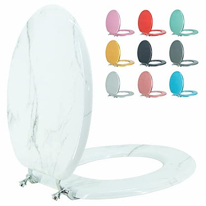 Round Toilet Seat Wood Toilet Seat Prevent Shifting with Zinc Alloy Hinges American Standard Size Toilet Seat Easy to Install also Easy to Clean(Round,Marble) - color: Marble, size: Round