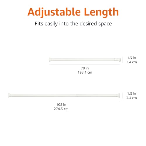 Amazon Basics No Drill Spring Tension Curtain Rod, Adjustable 78-108" Width, White, Classic Finial - color: White, size: 78-108"