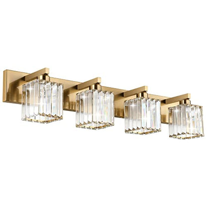 Aipsun Bathroom Lighting Fixtures Modern Crystal Vanity Light Brass 4 Light Bathroom Vanity Light (Exclude Bulb) - color: Gold, size: 32 inch