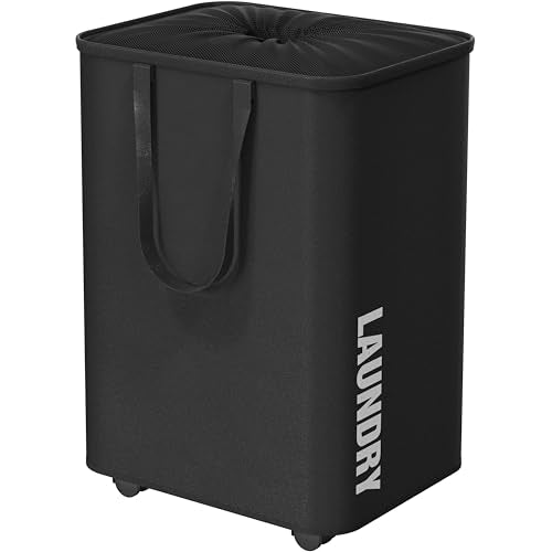 Simple Houseware Large 82L Laundry Basket with Wheels and Handles, Black | Collapsible Waterproof Hamper with Mesh Cover - color: Black