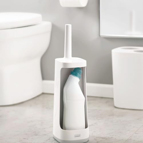 Joseph Joseph Flex Plus - Smart Hygienic Silicone Toilet Brush with Storage Bay Caddy, flexible, anti-drip, anti-clog deep clean head - Large, White/Grey