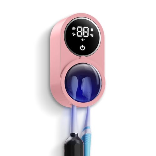 Wall-Mounted Toothbrush Holder for Bathroom, Proximity Sensor Toothbrush Cleaner, Compatible with Most Toothbrush Models, LED Smart Screen, Heating Film Drying, Rechargeable (03Pink)