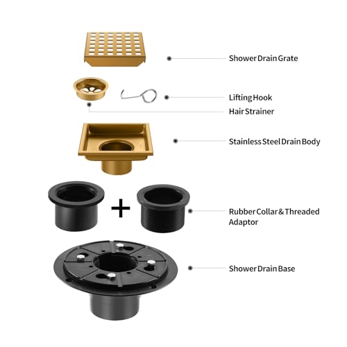 Shower Drain, Brushed Gold 4 inch Shower Floor Square Drain with Flange, Removeable Grid Panel SUS 304 Stainless Steel Square Shower Drain - color: Brushed Gold, size: 4 inch