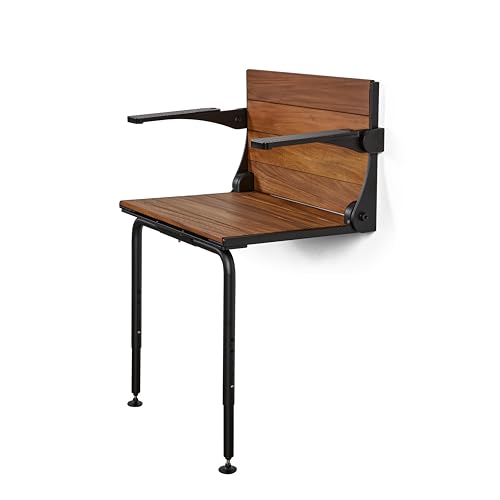 Silhouette Comfort Plus Folding Shower Seat with Armrests & Legs – Heavy-Duty Wall-Mounted Shower Bench, Teak Wood Seat with Black Frame - color: Black Frame, size: 18.73" x 15.25", style: Teak Wood
