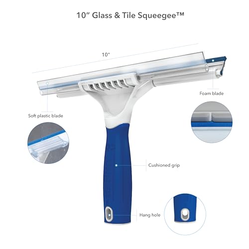 Unger Professional Connect and Clean 10” Glass and Tile Shower Squeegee, Compatible with Standard Threaded Pole, 2-in-1 Bathroom Cleaning Supplies, Cleaner for Showers and Mirrors, Streak-Free Results - style: 10” Glass & Tile Squeegee
